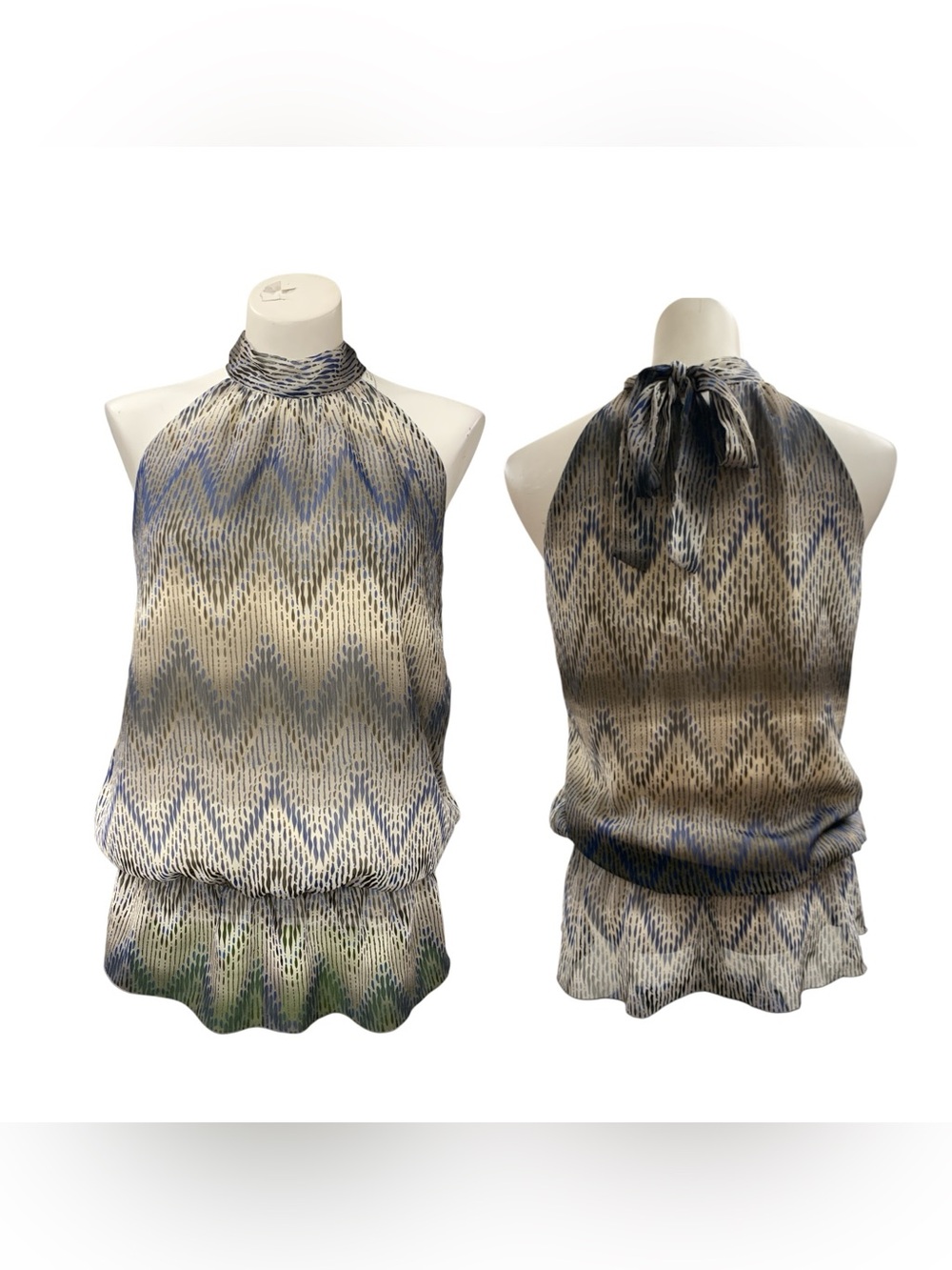 Tie-Back Halter Camisole in Cream and Blue Zigzag